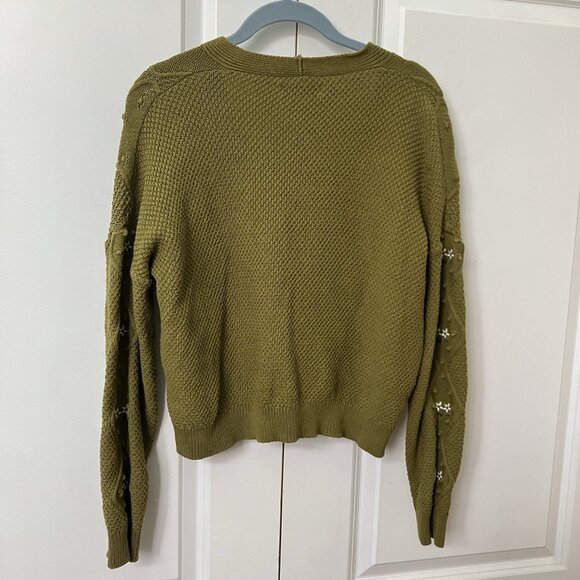 Stradivarius Cropped Cardigan Womens XS Green Floral Cable Knit 3D Green Knit - Picture 4 of 6